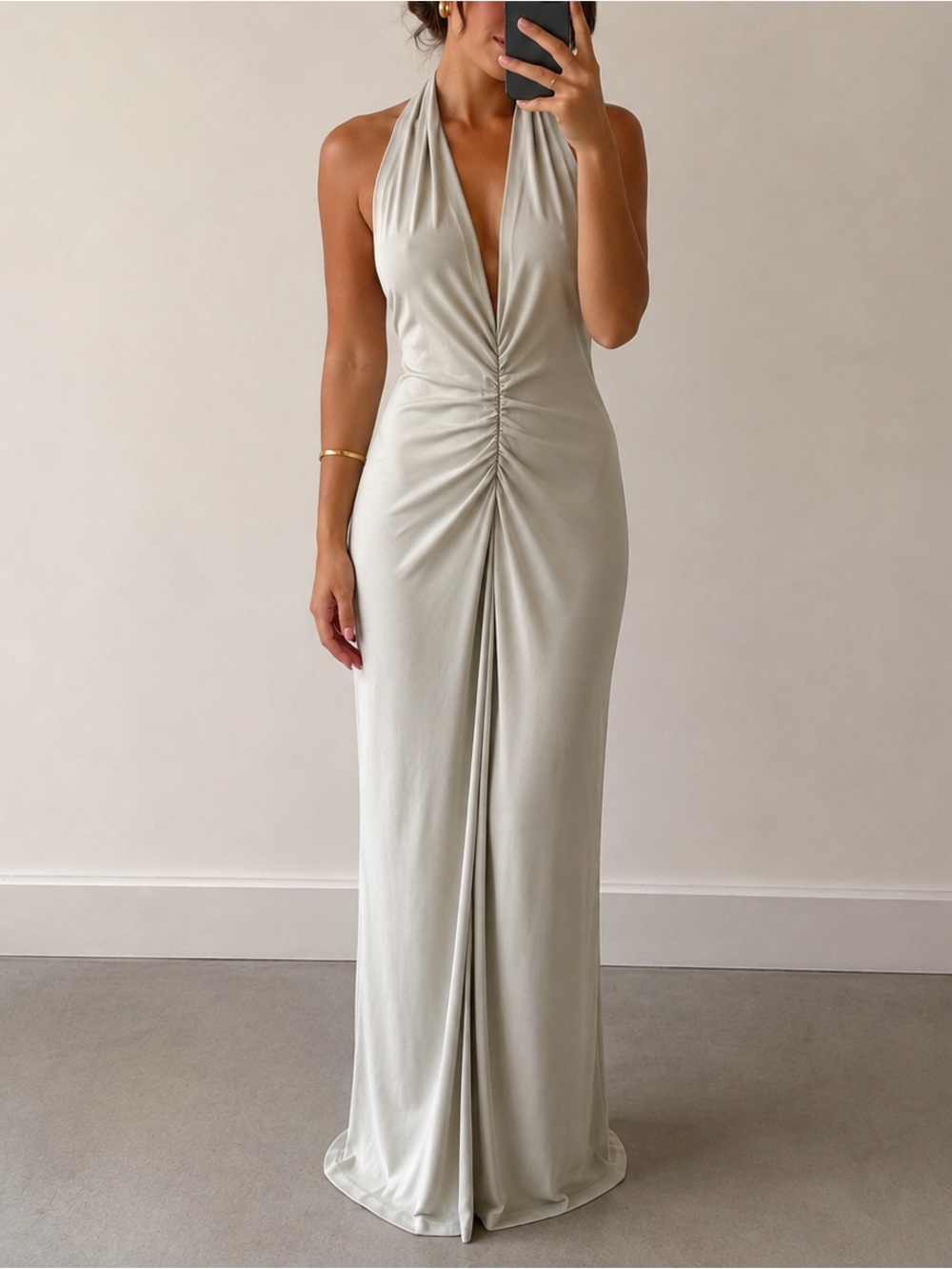 Zara Halter Ruched Maxi Dress in Light Sage